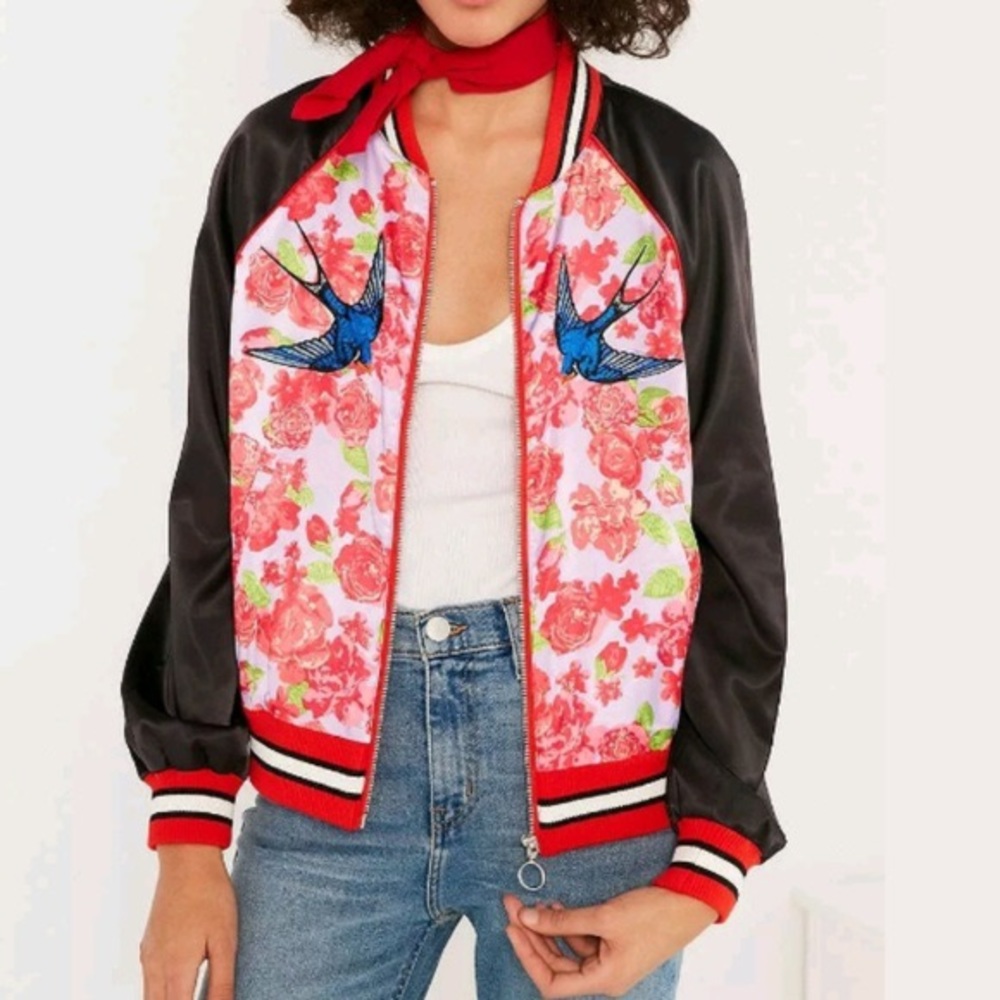 Anthropologie Floral & Bird Embroidered Bomber Jacket - Black, Purple, Red, Blue